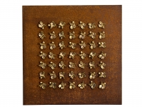 Painel Oriental Enferrujado Aço enferrujado com flores de bronze fundido (2009); 100x100x002 cm.